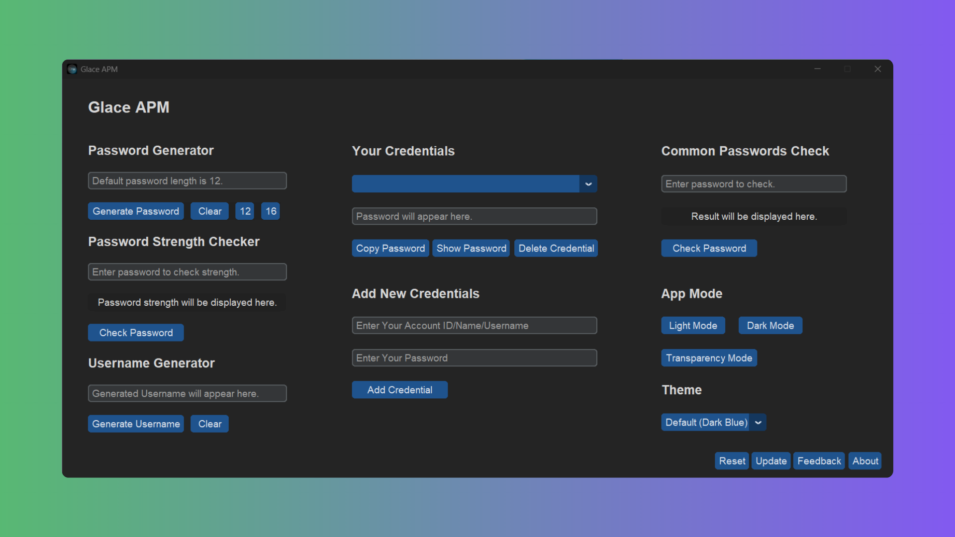 Glace APM application interface showing password generator, credential management, and theme settings